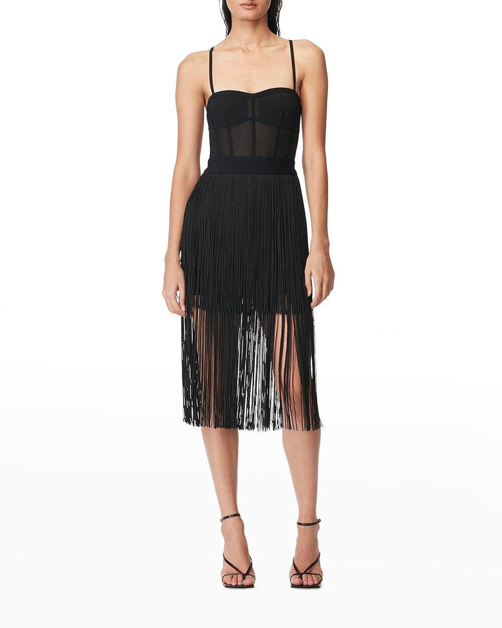 Herve Leger Sheer Black Bustier Fringe Dress Size XS